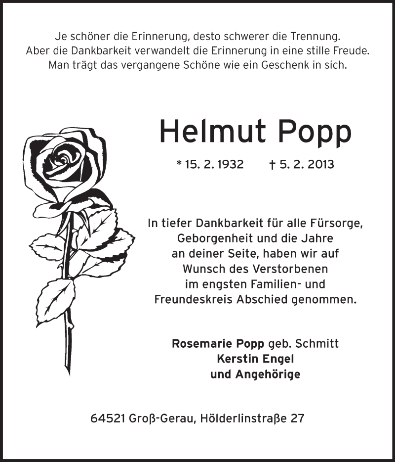  Traueranzeige für Helmut Popp vom 13.02.2013 aus Rüsselsheimer Echo, Groß-Gerauer-Echo, Ried Echo