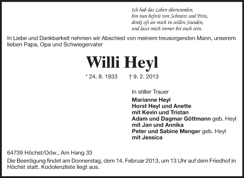  Traueranzeige für Willi Heyl vom 12.02.2013 aus Odenwälder Echo