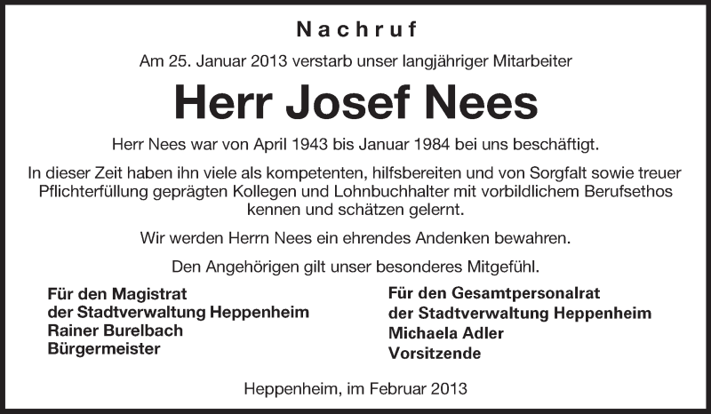  Traueranzeige für Josef Nees vom 12.02.2013 aus Starkenburger Echo