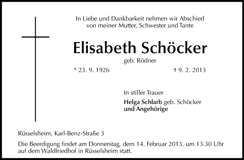  Traueranzeige für Elisabeth Schöcker vom 12.02.2013 aus Rüsselsheimer Echo, Groß-Gerauer-Echo, Ried Echo