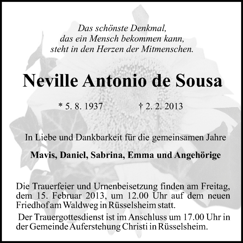  Traueranzeige für Nevile Antonio de Sousa vom 12.02.2013 aus Rüsselsheimer Echo, Groß-Gerauer-Echo, Ried Echo
