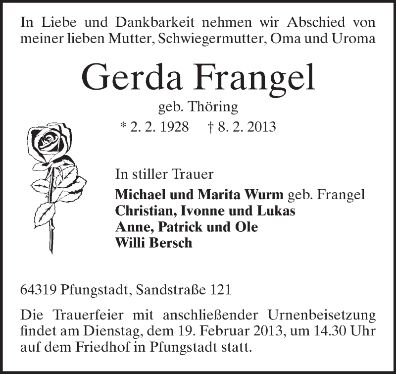 Traueranzeige für Gerda Frangel vom 16.02.2013 aus Echo-Zeitungen (Gesamtausgabe)
