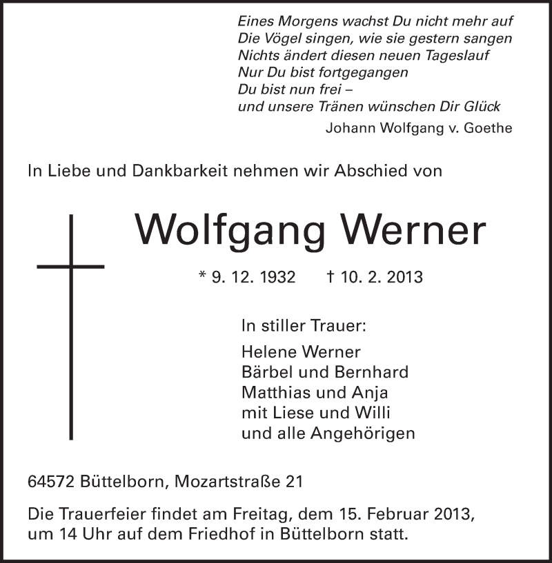  Traueranzeige für Wolfgang Werner vom 13.02.2013 aus Rüsselsheimer Echo, Groß-Gerauer-Echo, Ried Echo