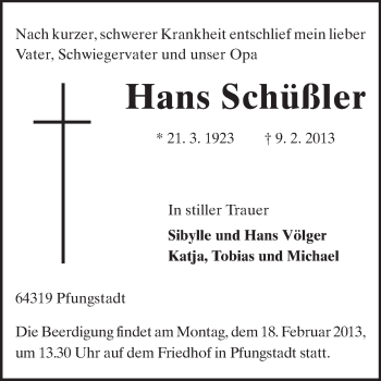 Traueranzeige von Hans Schüßler von Echo-Zeitungen (Gesamtausgabe)
