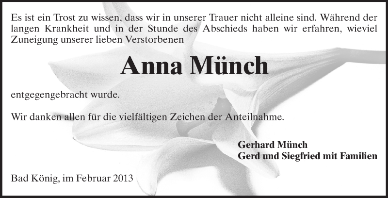  Traueranzeige für Anna Münch vom 16.02.2013 aus Odenwälder Echo