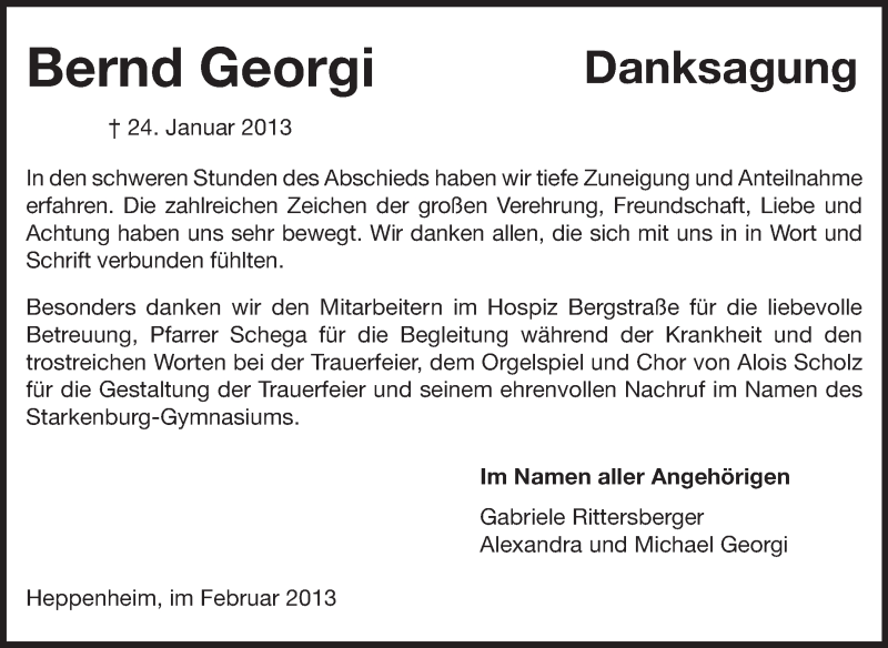 Traueranzeige für Bernd Georgi vom 15.02.2013 aus Starkenburger Echo