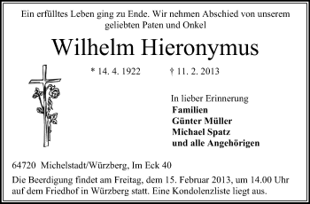 Traueranzeige von Wilhelm Hieronymus von Odenwälder Echo