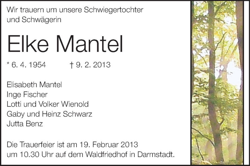  Traueranzeige für Elke Mantel vom 14.02.2013 aus Echo-Zeitungen (Gesamtausgabe)