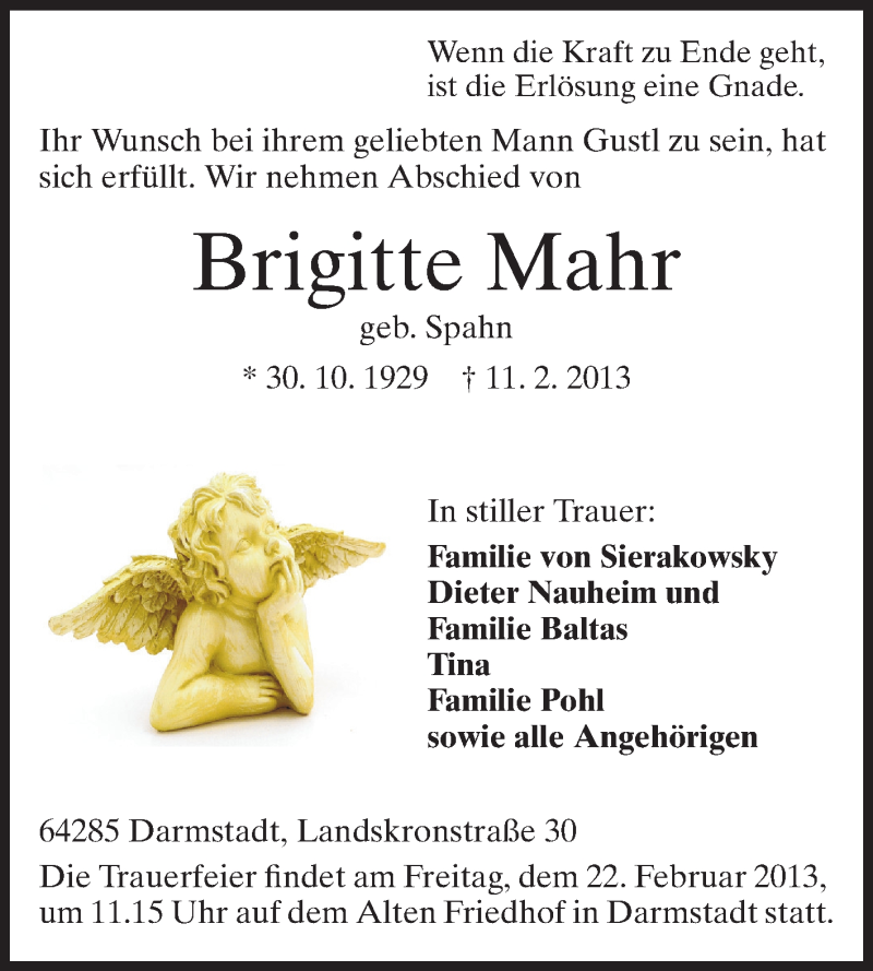  Traueranzeige für Brigitte Mahr vom 16.02.2013 aus Echo-Zeitungen (Gesamtausgabe)