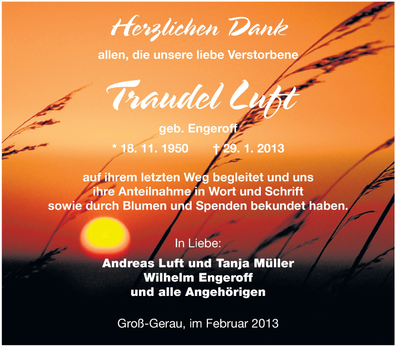  Traueranzeige für Traudel Luft vom 16.02.2013 aus Rüsselsheimer Echo, Groß-Gerauer-Echo, Ried Echo