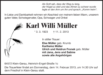 Traueranzeige von Karl Willi Müller von Rüsselsheimer Echo, Groß-Gerauer-Echo, Ried Echo