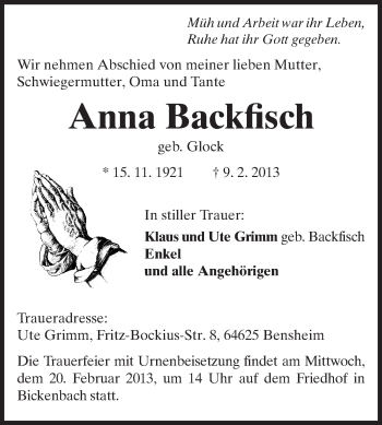 Traueranzeige von Anna Backfisch von Echo-Zeitungen (Gesamtausgabe)
