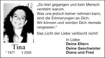 Traueranzeige von Tina Wolfram von Darmstädter Echo, Odenwälder Echo, Rüsselsheimer Echo, Groß-Gerauer-Echo, Ried Echo