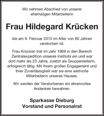 Traueranzeige von Hildegard Krücken von Echo-Zeitungen (Gesamtausgabe)