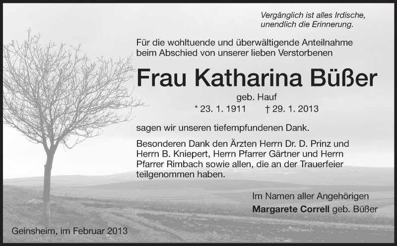  Traueranzeige für Katharina Büßer vom 15.02.2013 aus Rüsselsheimer Echo, Groß-Gerauer-Echo, Ried Echo