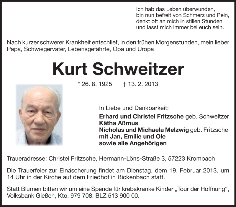  Traueranzeige für Kurt Schweitzer vom 16.02.2013 aus Echo-Zeitungen (Gesamtausgabe)