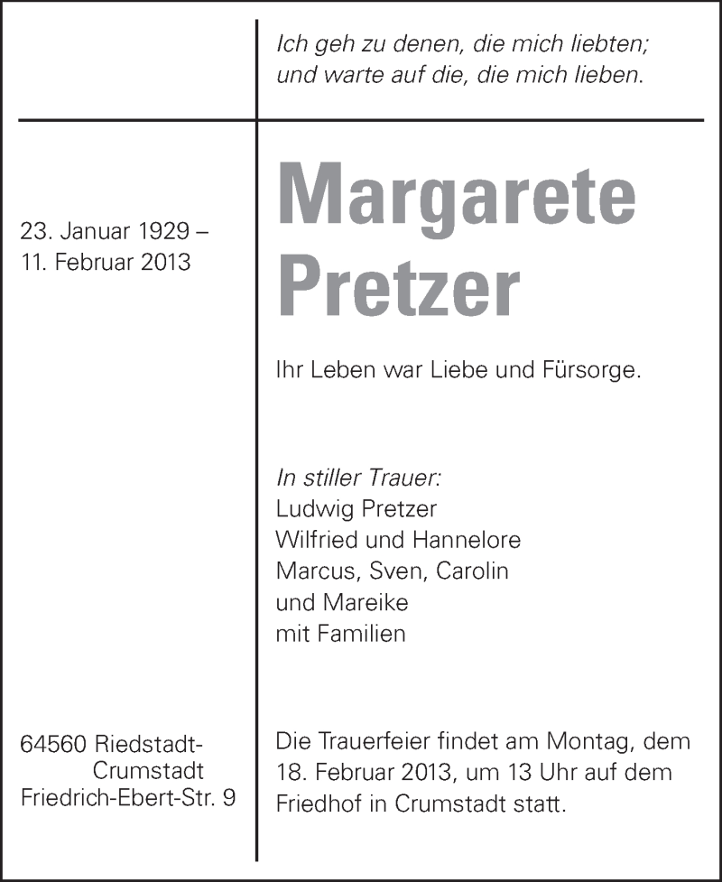  Traueranzeige für Margarete Pretzer vom 15.02.2013 aus Rüsselsheimer Echo, Groß-Gerauer-Echo, Ried Echo