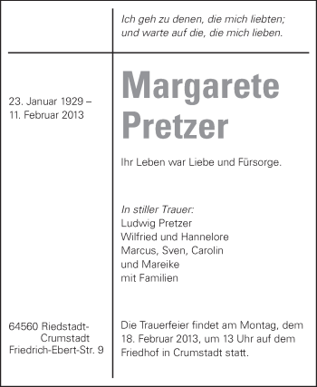Traueranzeige von Margarete Pretzer von Rüsselsheimer Echo, Groß-Gerauer-Echo, Ried Echo