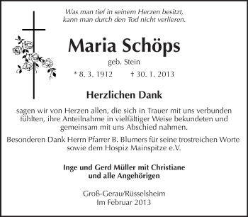 Traueranzeige von Maria Schöps von Rüsselsheimer Echo, Groß-Gerauer-Echo, Ried Echo