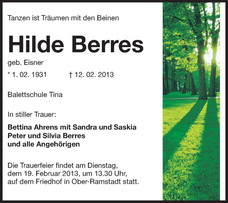  Traueranzeige für Hilde Berres vom 16.02.2013 aus Echo-Zeitungen (Gesamtausgabe)