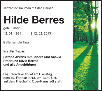 Traueranzeige von Hilde Berres von Echo-Zeitungen (Gesamtausgabe)
