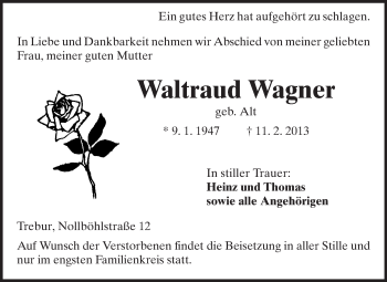 Traueranzeige von Waltraud Wagner von Rüsselsheimer Echo, Groß-Gerauer-Echo, Ried Echo