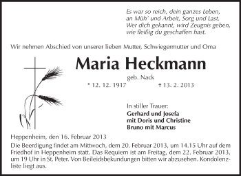 Traueranzeige von Maria Heckmann von Starkenburger Echo