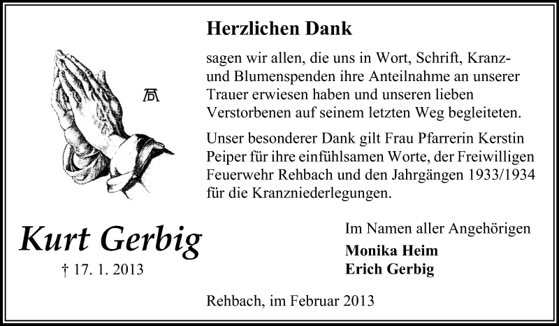  Traueranzeige für Kurt Gerbig vom 16.02.2013 aus Odenwälder Echo