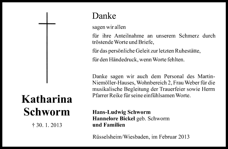  Traueranzeige für Katharina Schworm vom 16.02.2013 aus Rüsselsheimer Echo, Groß-Gerauer-Echo, Ried Echo