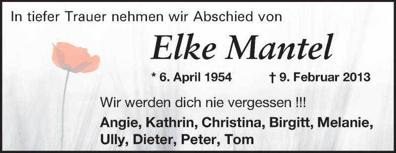  Traueranzeige für Elke Mantel vom 15.02.2013 aus Echo-Zeitungen (Gesamtausgabe)