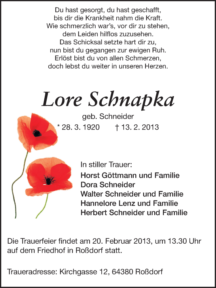  Traueranzeige für Lore Schnapka vom 16.02.2013 aus Darmstädter Echo, Odenwälder Echo, Rüsselsheimer Echo, Groß-Gerauer-Echo, Ried Echo