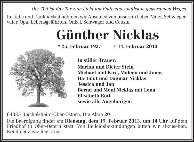  Traueranzeige für Günther Nicklas vom 16.02.2013 aus Odenwälder Echo