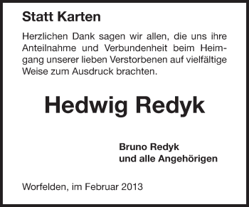 Traueranzeige von Hedwig Redyk von Rüsselsheimer Echo, Groß-Gerauer-Echo, Ried Echo