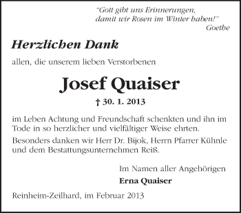 Traueranzeige von Josef Quaiser von Echo-Zeitungen (Gesamtausgabe)