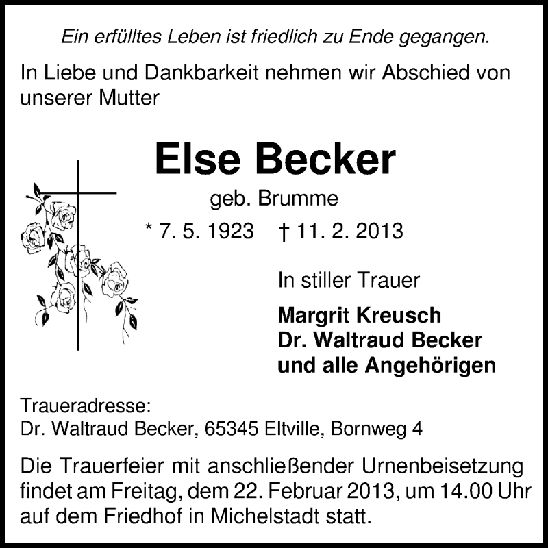  Traueranzeige für Else Becker vom 16.02.2013 aus Echo-Zeitungen (Gesamtausgabe)