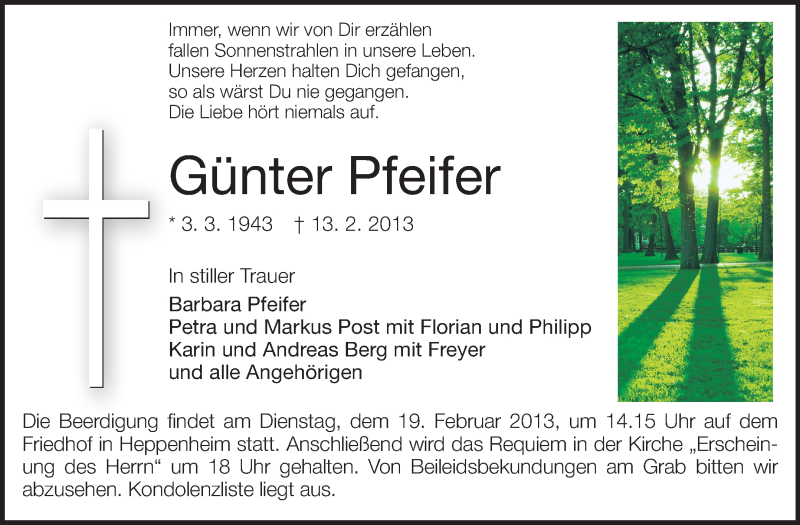  Traueranzeige für Günter Pfeifer vom 16.02.2013 aus Starkenburger Echo