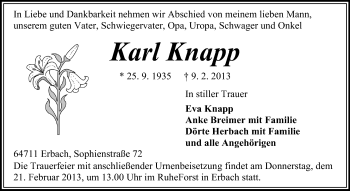 Traueranzeige von Karl Knapp von Odenwälder Echo