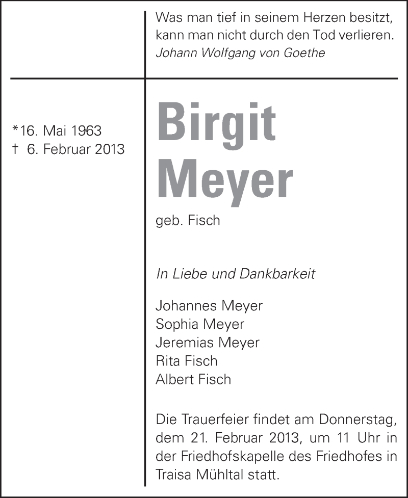  Traueranzeige für Birgit Meyer vom 19.02.2013 aus Echo-Zeitungen (Gesamtausgabe)