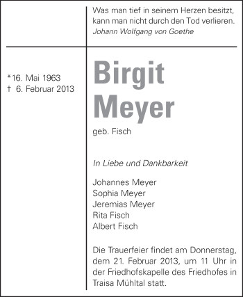 Traueranzeige von Birgit Meyer von Echo-Zeitungen (Gesamtausgabe)