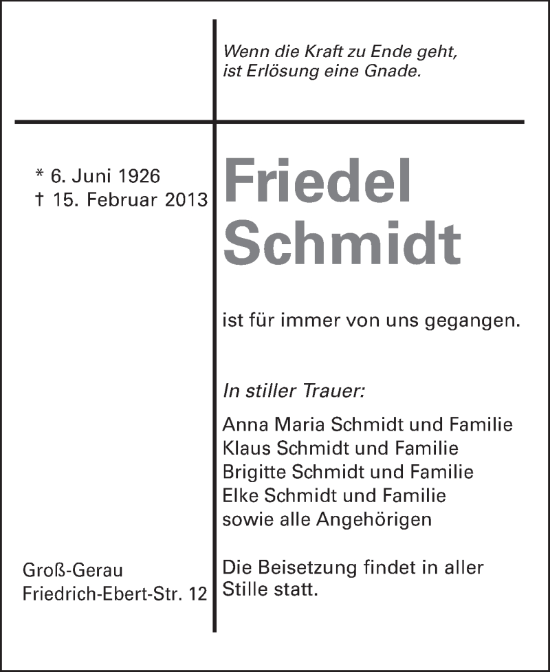  Traueranzeige für Friedel Schmidt vom 18.02.2013 aus Rüsselsheimer Echo, Groß-Gerauer-Echo, Ried Echo