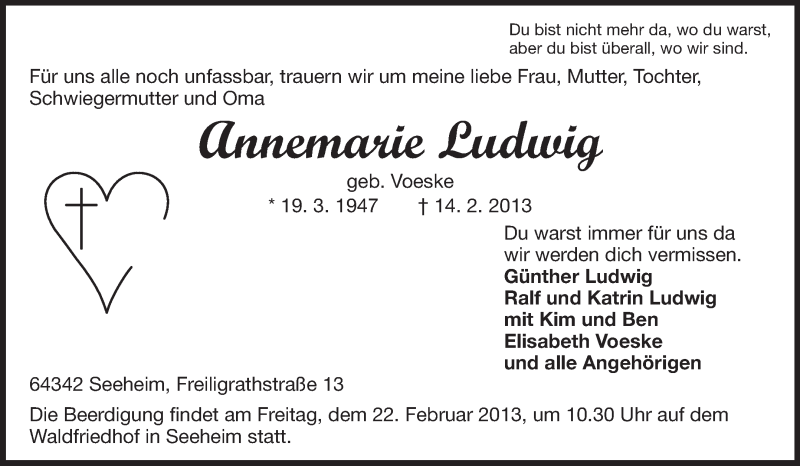  Traueranzeige für Annemarie Ludwig vom 18.02.2013 aus Echo-Zeitungen (Gesamtausgabe)