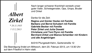 Traueranzeige von Albert Zirkel von Echo-Zeitungen (Gesamtausgabe)