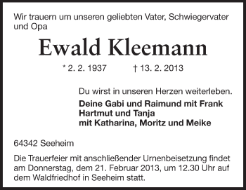 Traueranzeige von Ewald Kleemann von Echo-Zeitungen (Gesamtausgabe)