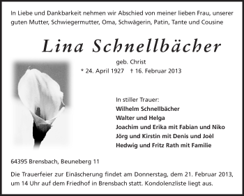 Traueranzeige von Lina Schnellbächer von Echo-Zeitungen (Gesamtausgabe)