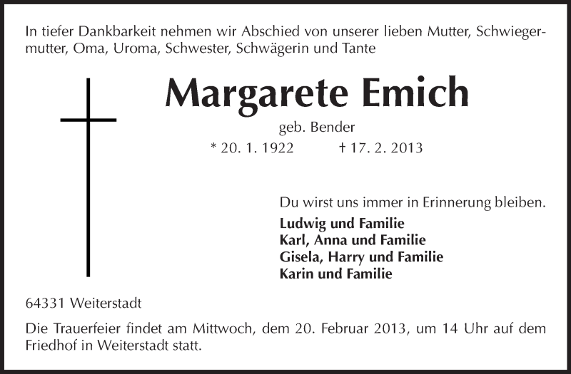  Traueranzeige für Margarete Emich vom 19.02.2013 aus Echo-Zeitungen (Gesamtausgabe)