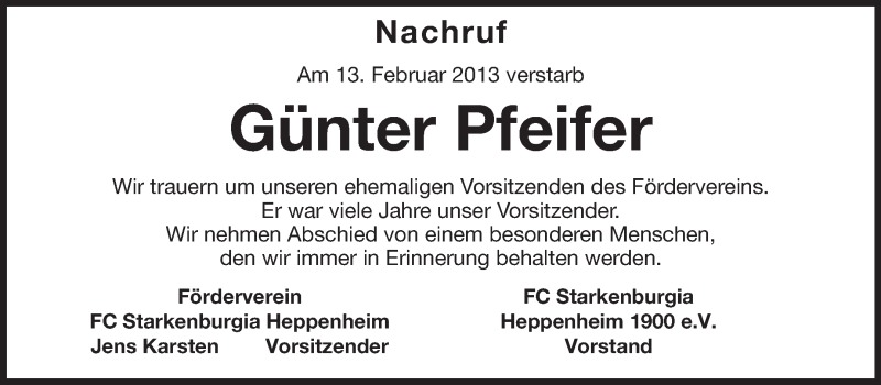  Traueranzeige für Günter Pfeifer vom 19.02.2013 aus Starkenburger Echo