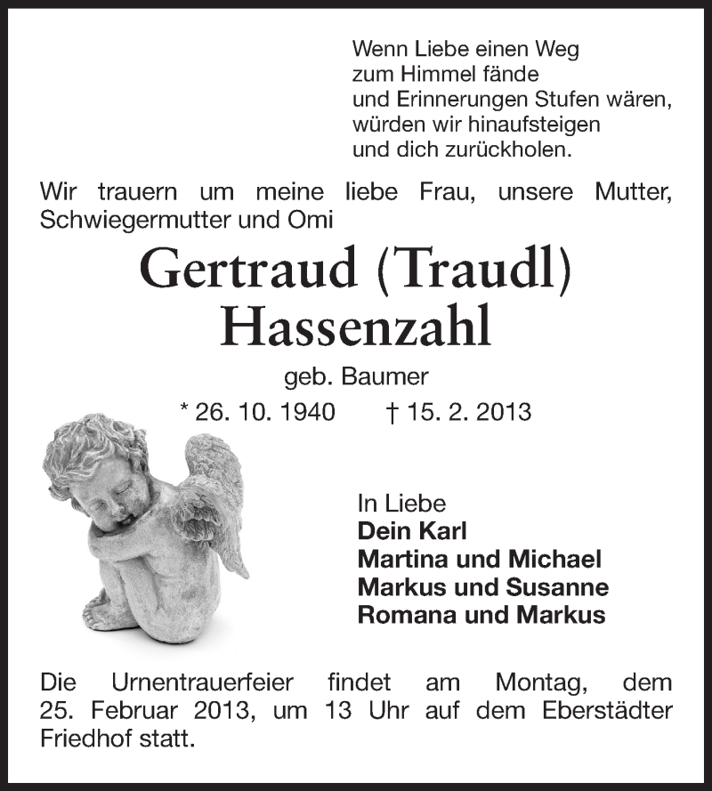  Traueranzeige für Gertraud Hassenzahl vom 20.02.2013 aus Echo-Zeitungen (Gesamtausgabe)