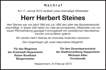 Traueranzeige von Herbert Steines von Starkenburger Echo