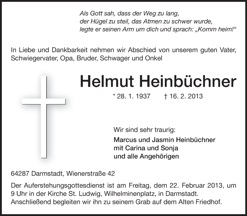  Traueranzeige für Helmut Heinbüchner vom 20.02.2013 aus Echo-Zeitungen (Gesamtausgabe)