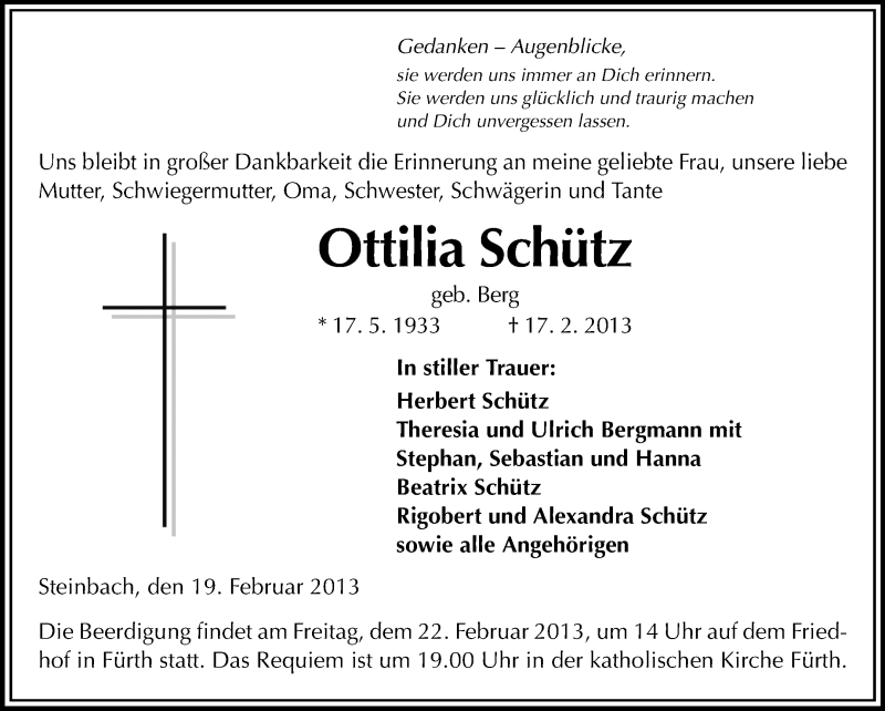  Traueranzeige für Ottilia Schütz vom 19.02.2013 aus Starkenburger Echo
